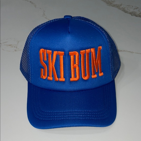 Blue Trucker Hat with Orange 'SKI BUM' Embroidery - Picture 1 of 2